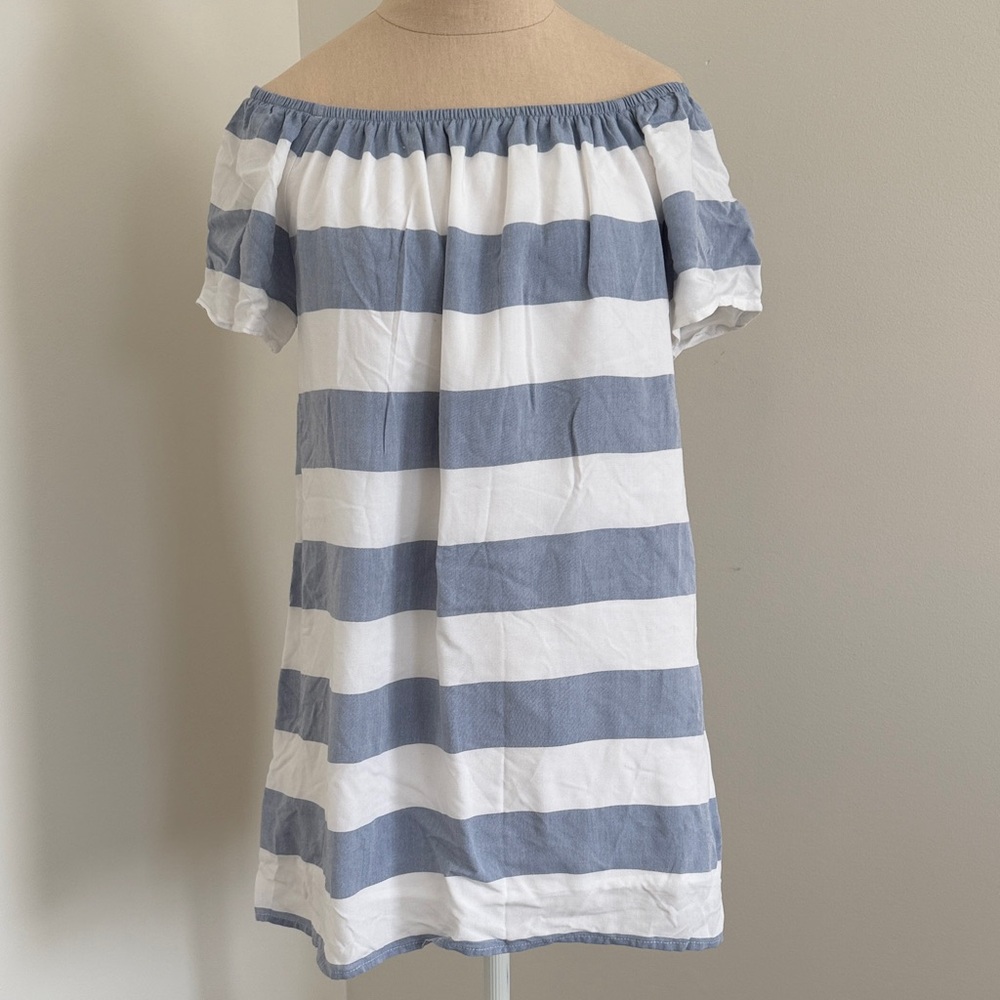 BB Dakota Blue and White Striped Off-Shoulder Dress, size small
